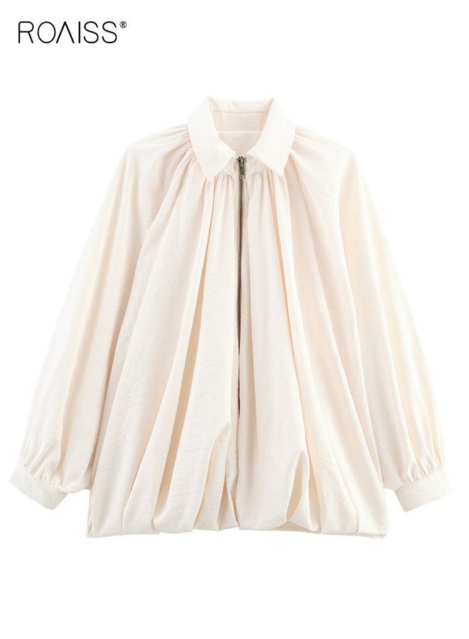 roaiss Women's Fashionable Loose-Fitting Batwing Sleeve Puffy Bomber Jacket Large Collar with Ruffled Design Long Sleeves with Zipper Front Elastic Cuffs Versatile for Everyday and Commute Wear - Image 2