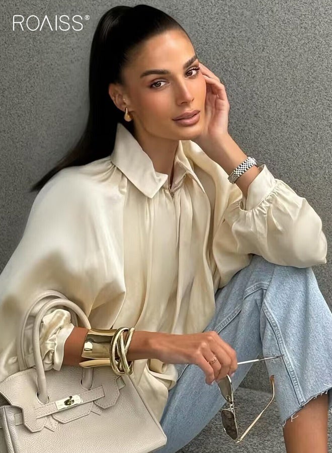 roaiss Women's Fashionable Loose-Fitting Batwing Sleeve Puffy Bomber Jacket Large Collar with Ruffled Design Long Sleeves with Zipper Front Elastic Cuffs Versatile for Everyday and Commute Wear - Image 1