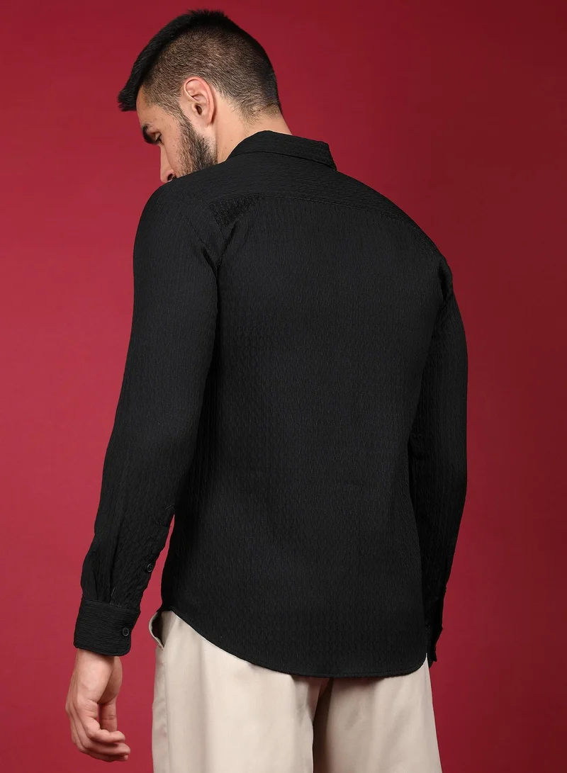 Campus Sutra  Men's Onyx Black Chain-Creased Shirt for Men | Best Price UAE