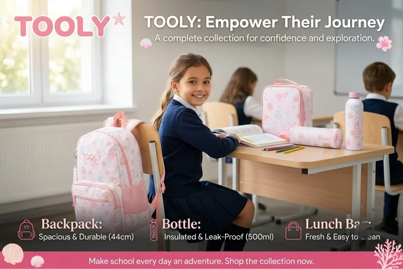 TOOLY 4-Piece School Backpack Set – Floral Seashell Design | 44 cm Backpack with Insulated Lunch Bag, Pencil Case & 500ml Water Bottle | Lightweight & Durable Back-to-School Set