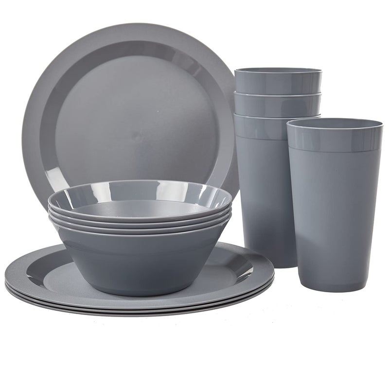 US Acrylic Newport Plastic Plate, Bowl and Tumbler Dinnerware Set for 4 in Grey Stone | 12-Piece Drinking and Dining Set | Reusable, BPA-free, Made in the USA, Top-rack Dishwasher Safe - Image 1