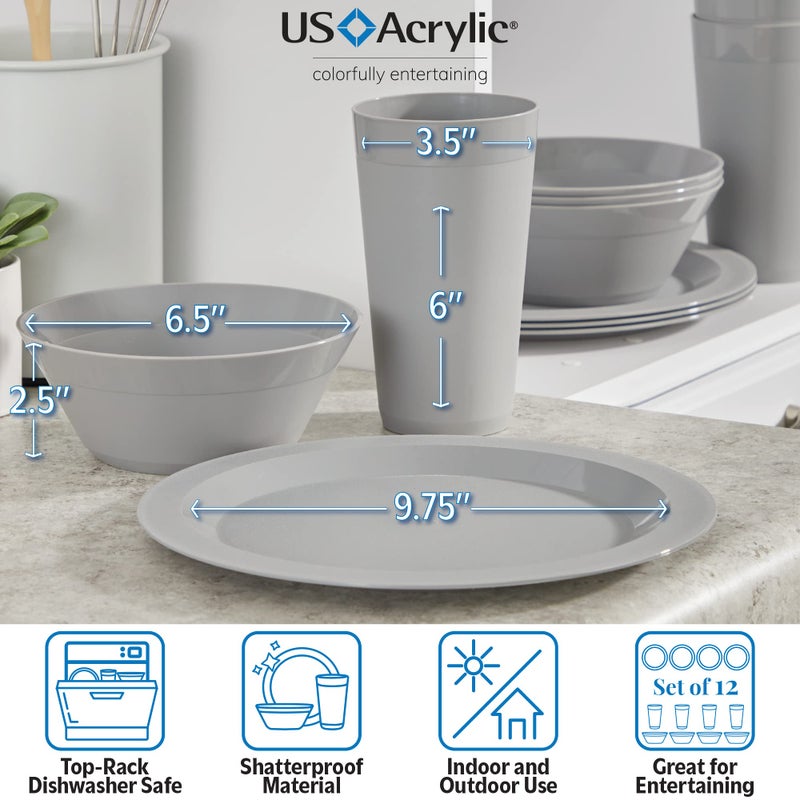 US Acrylic Newport Plastic Plate, Bowl and Tumbler Dinnerware Set for 4 in Grey Stone | 12-Piece Drinking and Dining Set | Reusable, BPA-free, Made in the USA, Top-rack Dishwasher Safe - Image 3