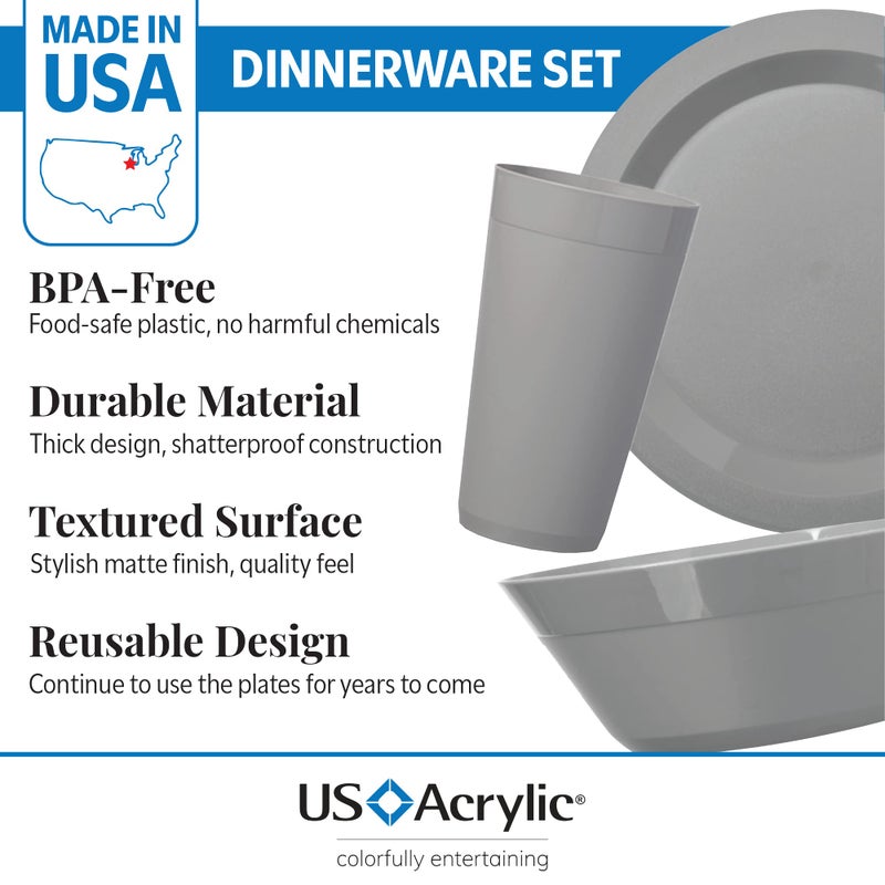 US Acrylic Newport Plastic Plate, Bowl and Tumbler Dinnerware Set for 4 in Grey Stone | 12-Piece Drinking and Dining Set | Reusable, BPA-free, Made in the USA, Top-rack Dishwasher Safe - Image 2