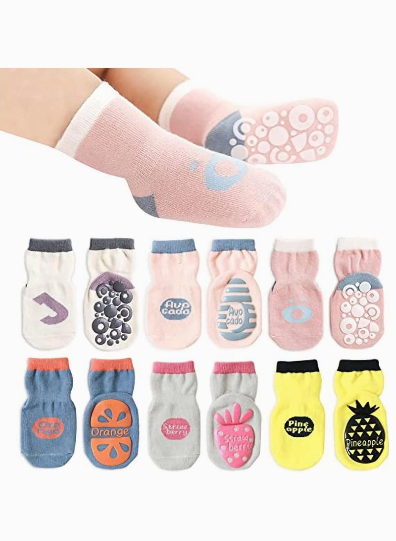 SYOSI Baby Anti-Slip Socks, SYOSI Ankle Cotton Socks Pack of 6, Spring and Autumn Cartoon Fruit Dispensing Non-slip Floor Socks for Babies, Children's Toddler Girls Socks  - Image 1
