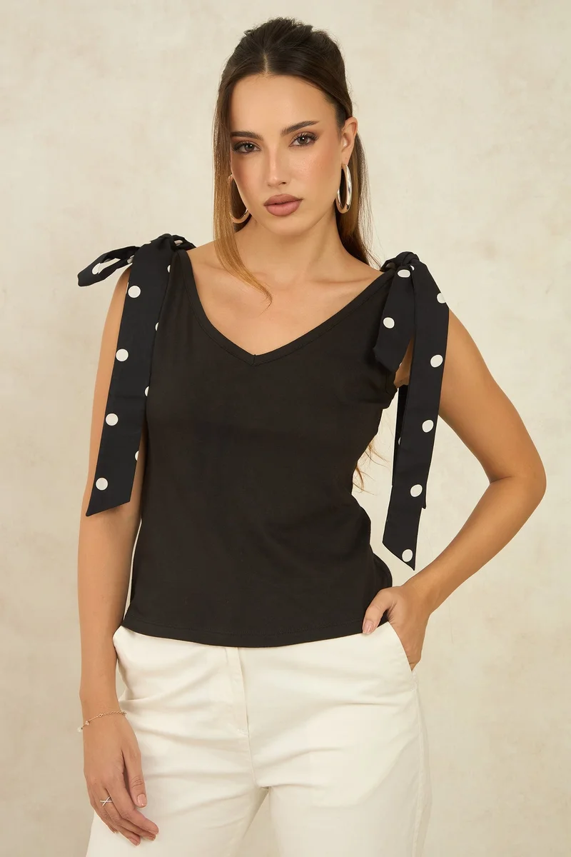 Virgio Printed Cotton Black Knit Top With Shoulder Bow for Women