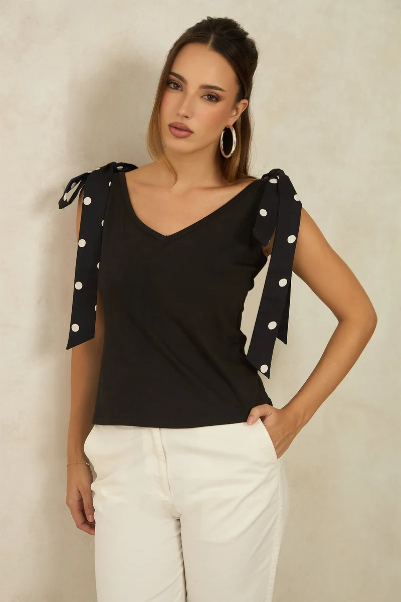 Virgio Printed Cotton Black Knit Top With Shoulder Bow for Women