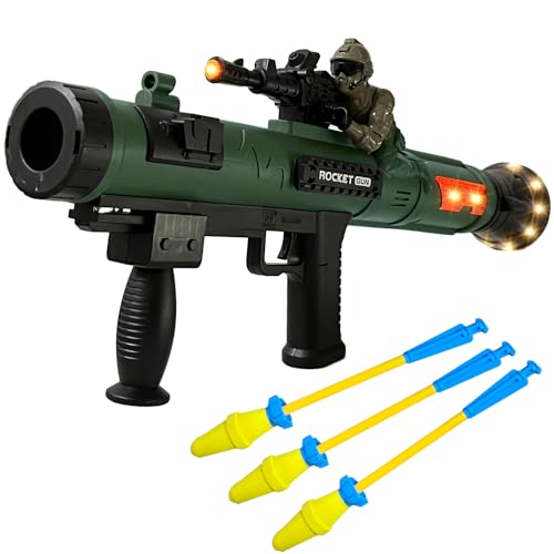 REGLORY Toy Rocket Launcher Rocket Gun with 3 Foam Rockets Toy Rocket Barrel Launcher RPG Gun with Sound Vibration LED Effects Military Pretend Play Blaster Toy Gun Dark Green - Image 1