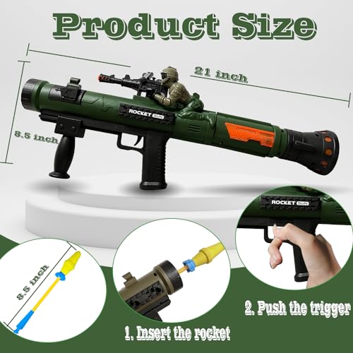 REGLORY Toy Rocket Launcher Rocket Gun with 3 Foam Rockets Toy Rocket Barrel Launcher RPG Gun with Sound Vibration LED Effects Military Pretend Play Blaster Toy Gun Dark Green - Image 5