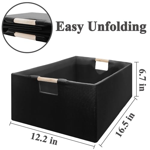 Jukercici Foldable Fabric Storage Cubes, 2 Packs Cloth Storage Baskets with Wooden Handles, Collapsible Shelf Closet Organizer Bins, Rectangular Storage Boxes for Decor (Black 2 Pack) - Image 2