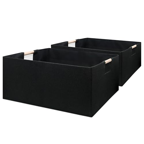 Jukercici Foldable Fabric Storage Cubes, 2 Packs Cloth Storage Baskets with Wooden Handles, Collapsible Shelf Closet Organizer Bins, Rectangular Storage Boxes for Decor (Black 2 Pack) - Image 1