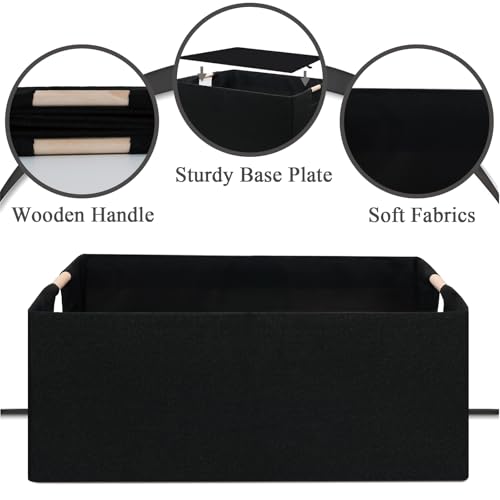 Jukercici Foldable Fabric Storage Cubes, 2 Packs Cloth Storage Baskets with Wooden Handles, Collapsible Shelf Closet Organizer Bins, Rectangular Storage Boxes for Decor (Black 2 Pack) - Image 3