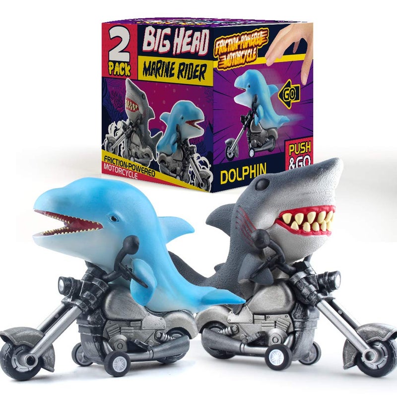 DINOBROS Shark Toy Car 2 Pack Friction Powered Motorcycle Monster Sea Animal Game Great White Shark and Dolphin Toys - Image 3