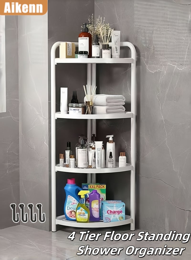 Aikenn 4 Tier Rust Proof Floor Standing Shower Organizer with 4 Hooks,Corner Shower Caddy Standing,Waterproof Corner Stand Shower Shelf Storage Rack for Bathroom, Bathtub - Image 1