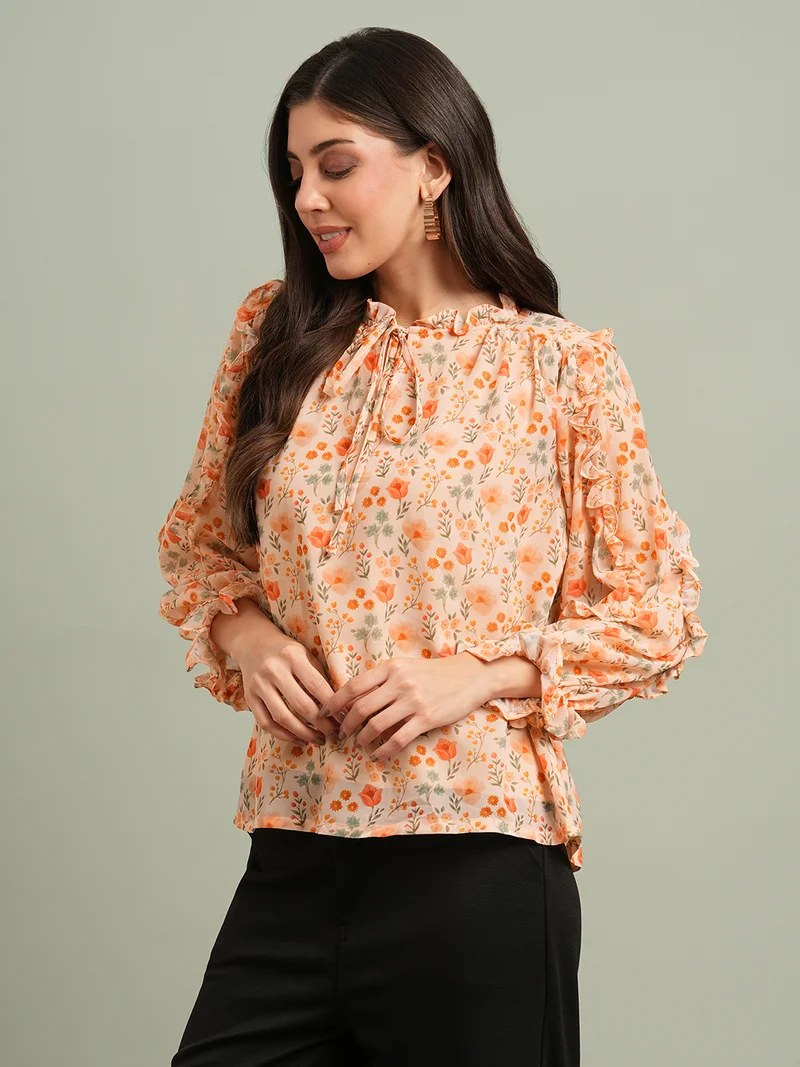 globus Women Orange Floral Print Bishop Sleeves Tie-Up Round Neck Ruffle Detail Top