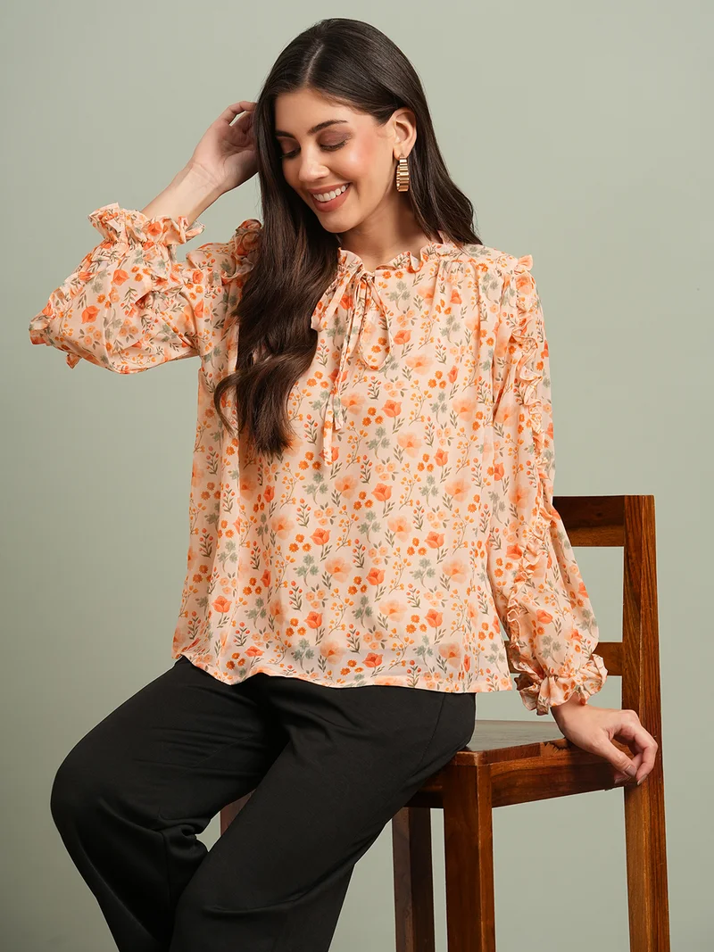 globus Women Orange Floral Print Bishop Sleeves Tie-Up Round Neck Ruffle Detail Top