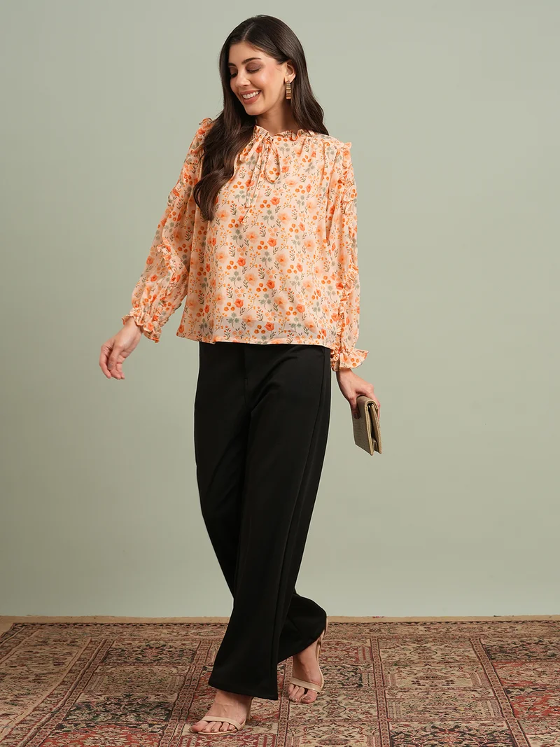 globus Women Orange Floral Print Bishop Sleeves Tie-Up Round Neck Ruffle Detail Top