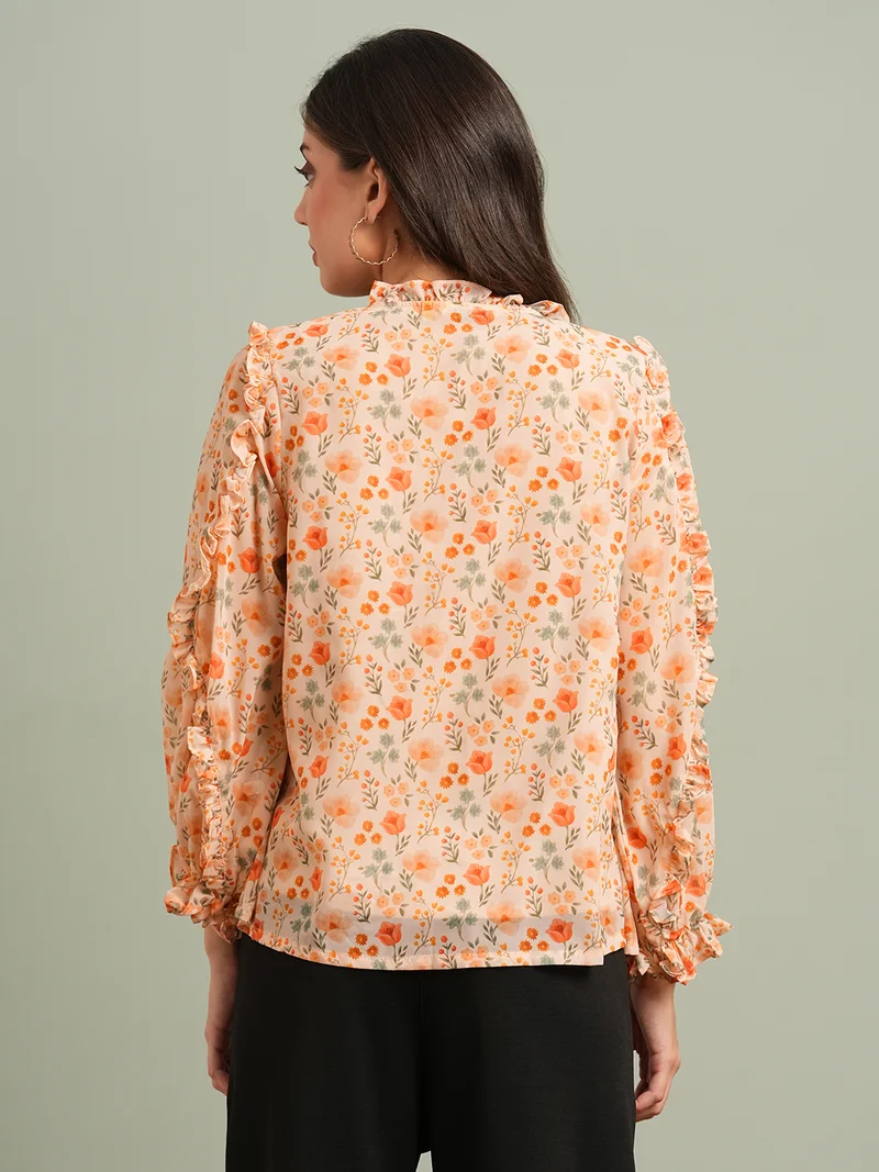 globus Women Orange Floral Print Bishop Sleeves Tie-Up Round Neck Ruffle Detail Top