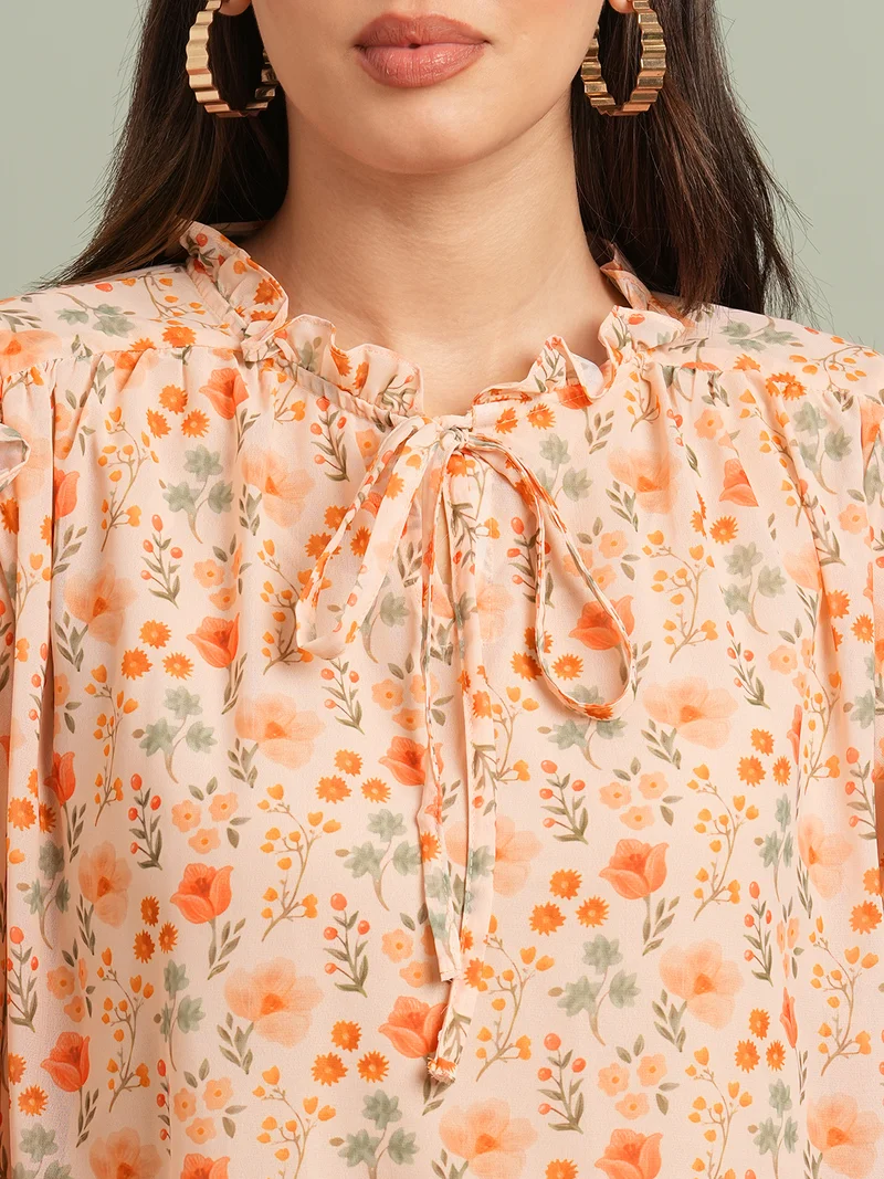 globus Women Orange Floral Print Bishop Sleeves Tie-Up Round Neck Ruffle Detail Top