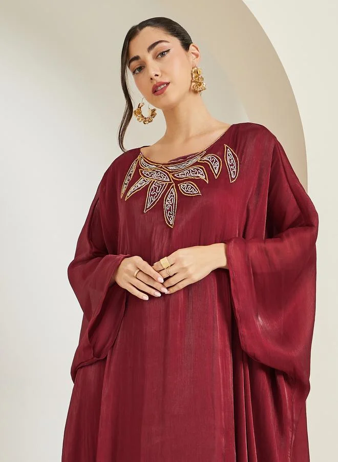 Amirah Women Red Embroidered Shimmer Kaftan