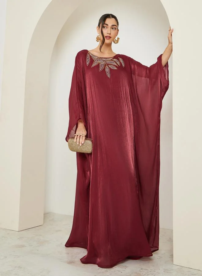 Amirah Women Red Embroidered Shimmer Kaftan