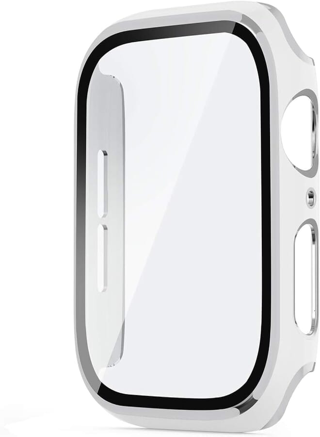 Next Next Store Compatible with iWatch 45mm Case Series 7/8/9 with Built-in Tempered Glass Screen Protector, White Rose Gold Edge Bumper Full Coverage HD Clear Women Men iWatch 45mm (White in Silver)