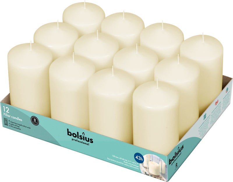 BOLSIUS 12 Ivory Pillar Candles Set Unscented 43 Hour Long Lasting Candles 27x 51inch Dripless Clean Burning Smokeless Dinner Candle Perfect for Weddings Parties and Special Occasions