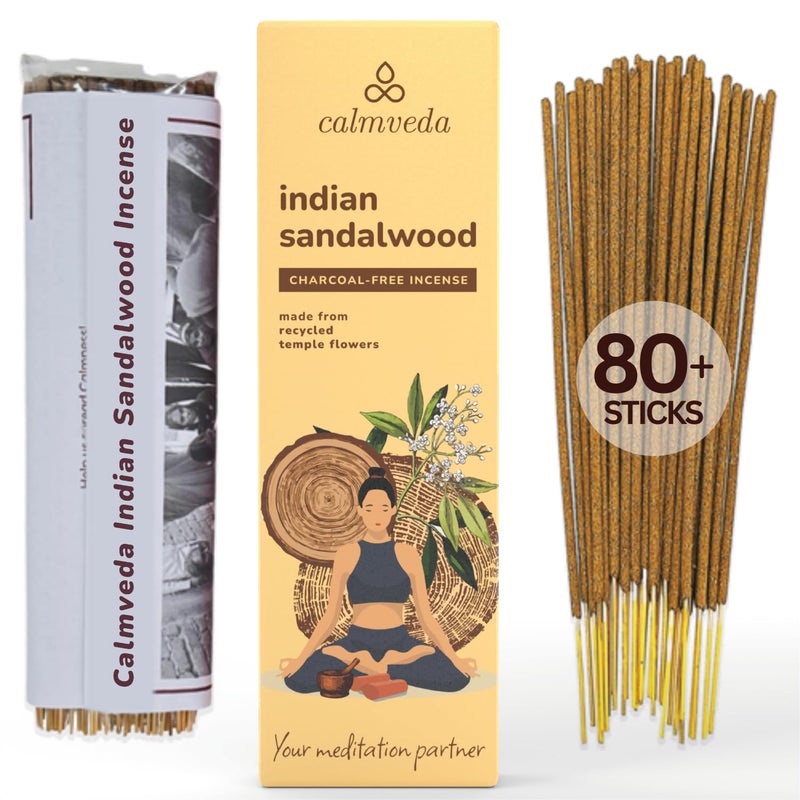 Indian Sandalwood Incense Sticks 80 Sticks Charcoal Free Upcycled Flowers All Natural Non Toxic Meditation Stress Relief