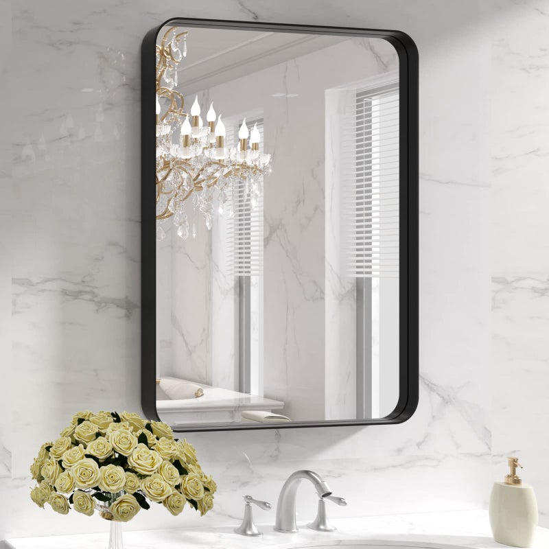 LOAAO Black Metal Framed Bathroom Mirror for Wall, 22X30 Inch Rounded Rectangle Mirror, Matte Black Bathroom Vanity Mirror Farmhouse, Anti-Rust, Hangs Horizontally or Vertically - Image 1