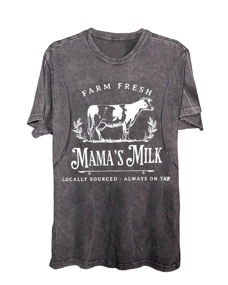 AEARGIV Women Vintage Breastfeeding Shirts Friendly Zipper Nursing Shirt Distressed Washed Maternity Tees Comfort Farm Fresh Mama's Milk Tops(XL, Gray 4) - Image 1