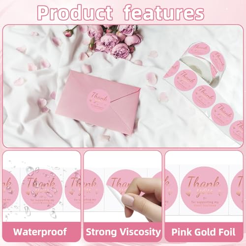 starboling 500 PCS Pink and Rose Gold Thank You Sticker,1.5 Inch Thank You for Supporting My Small Business Stickers,for Greeting Cards,Flower Bouquets,Gift Wraps - Image 3