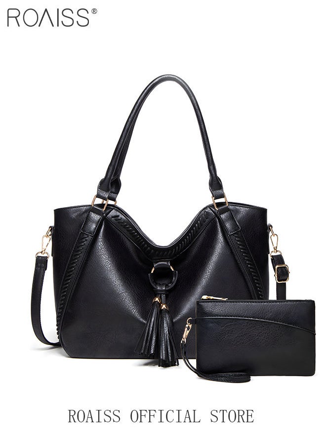 roaiss Large Crossbody Bags Ladies Shoulder Handbags Purse Set for Women Hobo Totes PU Leather Purses and Handbags Shoulder Bag Tote Black  - Image 1