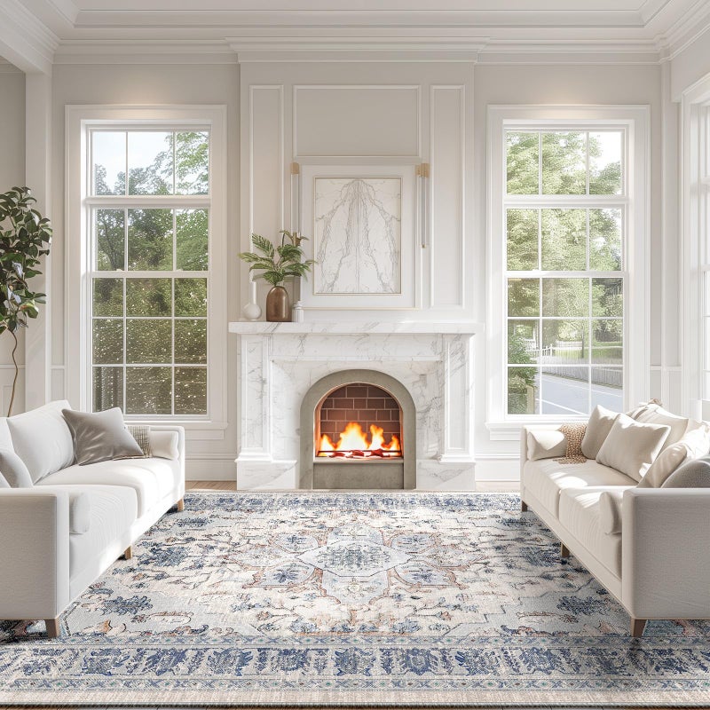 BESTSWEETIE 8x10 Area Rug Washable Rugs for Living Room, No Pile Boho Carpet for Entryway Bedroom Dinning Room, Vintage Carpet Print Distressed Non-Slip, 8 x 10 ft, Beige Blue - Image 2