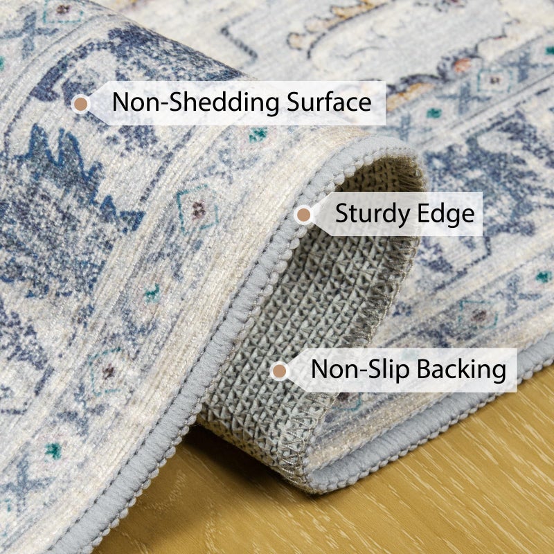 BESTSWEETIE 8x10 Area Rug Washable Rugs for Living Room, No Pile Boho Carpet for Entryway Bedroom Dinning Room, Vintage Carpet Print Distressed Non-Slip, 8 x 10 ft, Beige Blue - Image 3