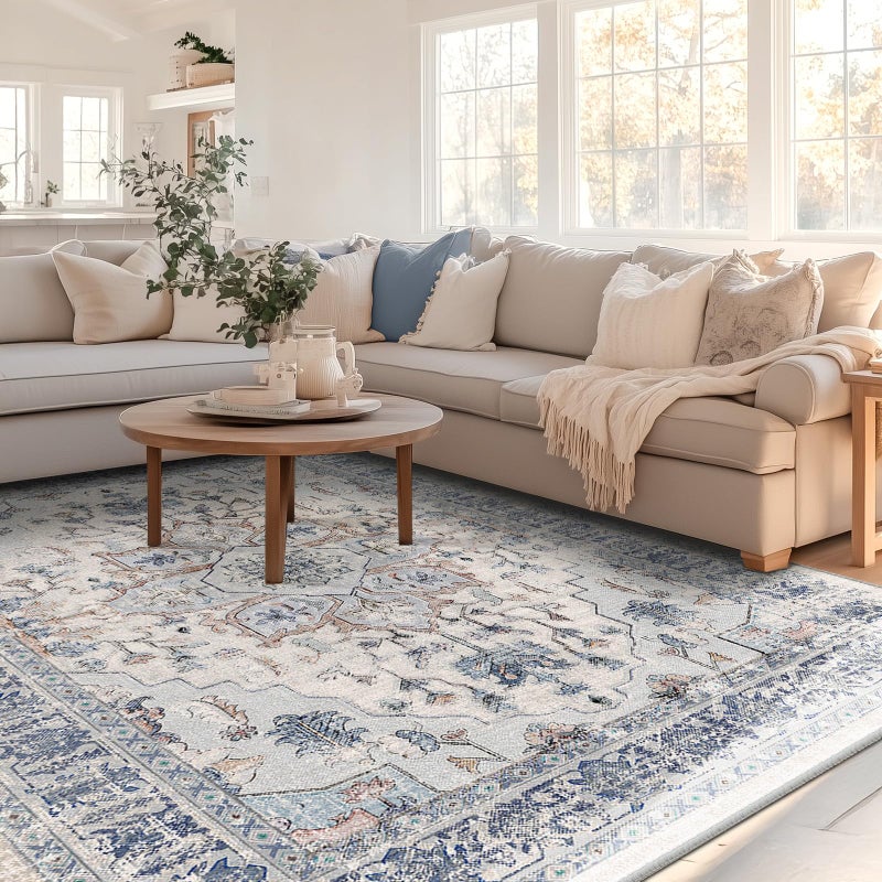 BESTSWEETIE 8x10 Area Rug Washable Rugs for Living Room, No Pile Boho Carpet for Entryway Bedroom Dinning Room, Vintage Carpet Print Distressed Non-Slip, 8 x 10 ft, Beige Blue - Image 1