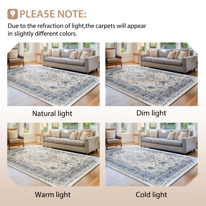 BESTSWEETIE 8x10 Area Rug Washable Rugs for Living Room, No Pile Boho Carpet for Entryway Bedroom Dinning Room, Vintage Carpet Print Distressed Non-Slip, 8 x 10 ft, Beige Blue - Image 5