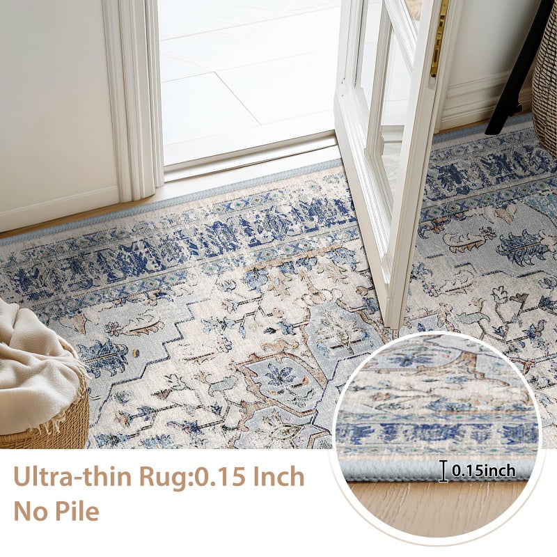 BESTSWEETIE 8x10 Area Rug Washable Rugs for Living Room, No Pile Boho Carpet for Entryway Bedroom Dinning Room, Vintage Carpet Print Distressed Non-Slip, 8 x 10 ft, Beige Blue - Image 4