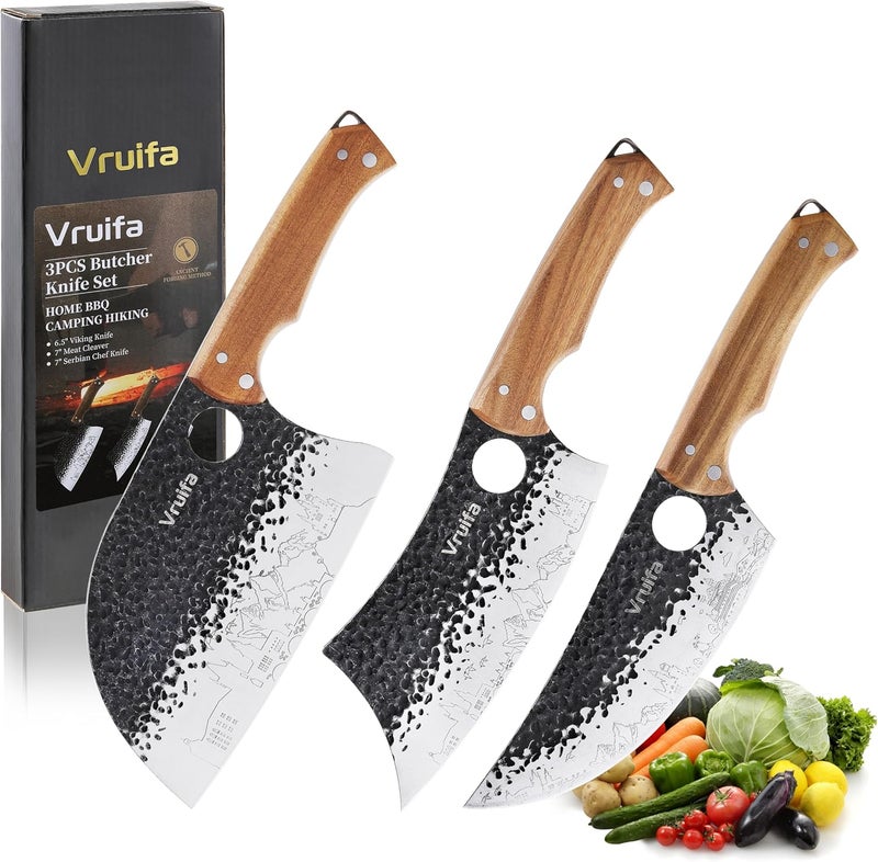 VRUIFA 3 PCS Butcher Knife Set (Serbian, Meat Cleaver, Viking), Hand Forged with Premium Stainless Steel Blades, Ergonomic Wooden Handle Kitchen Knife Set for Home,BBQ, and Camping - Image 1