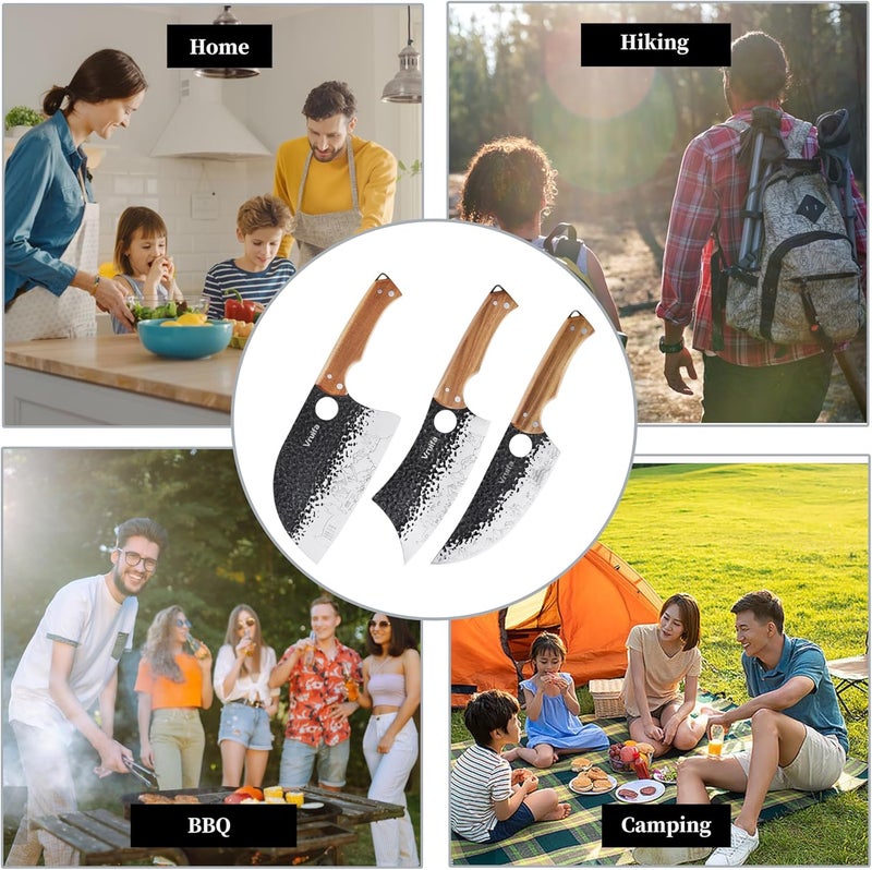 VRUIFA 3 PCS Butcher Knife Set (Serbian, Meat Cleaver, Viking), Hand Forged with Premium Stainless Steel Blades, Ergonomic Wooden Handle Kitchen Knife Set for Home,BBQ, and Camping - Image 4