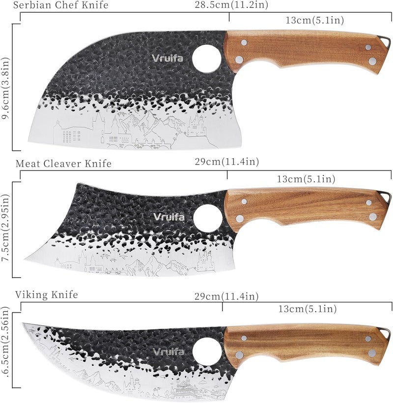 VRUIFA 3 PCS Butcher Knife Set (Serbian, Meat Cleaver, Viking), Hand Forged with Premium Stainless Steel Blades, Ergonomic Wooden Handle Kitchen Knife Set for Home,BBQ, and Camping - Image 2
