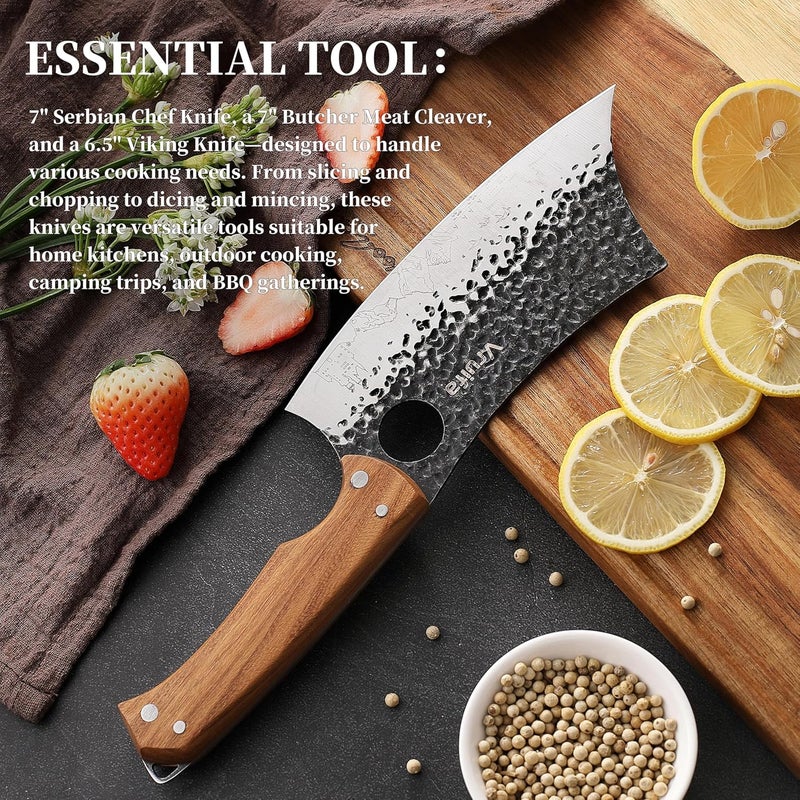 VRUIFA 3 PCS Butcher Knife Set (Serbian, Meat Cleaver, Viking), Hand Forged with Premium Stainless Steel Blades, Ergonomic Wooden Handle Kitchen Knife Set for Home,BBQ, and Camping - Image 5