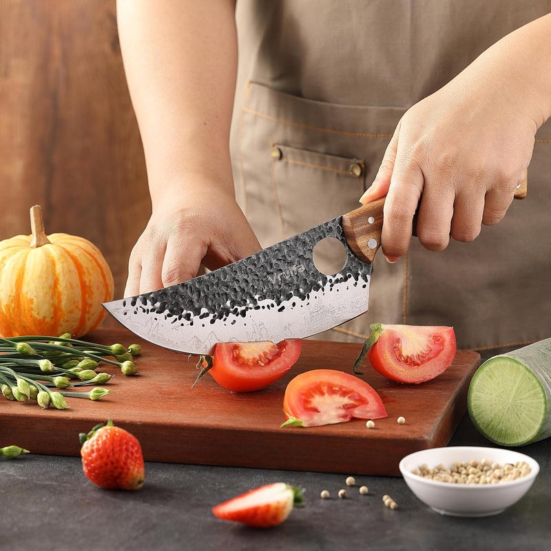 VRUIFA 3 PCS Butcher Knife Set (Serbian, Meat Cleaver, Viking), Hand Forged with Premium Stainless Steel Blades, Ergonomic Wooden Handle Kitchen Knife Set for Home,BBQ, and Camping - Image 3