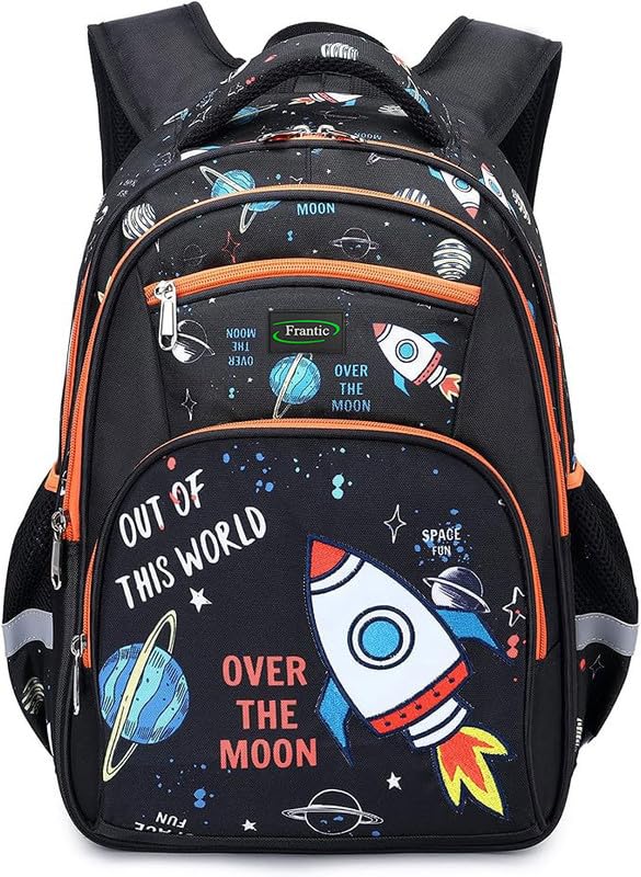 Frantic Polyester Waterproof 26 L School Backpack Daypack Picnic Bag For Boys & Girls(4Zipper_Black_Orange_Moon) - Image 1