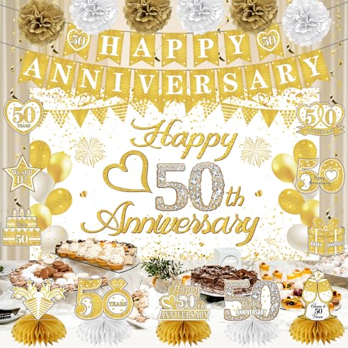 Turypaty Happy 50th Anniversary Decorations Kit, White Gold 50th Wedding Anniversary Party Supplies - Large Happy 50th Anniversary Banner Backdrop, Table Centerpieces, Hanging Swirls, Paper Pompoms - Image 4