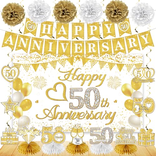 Turypaty Happy 50th Anniversary Decorations Kit, White Gold 50th Wedding Anniversary Party Supplies - Large Happy 50th Anniversary Banner Backdrop, Table Centerpieces, Hanging Swirls, Paper Pompoms - Image 1