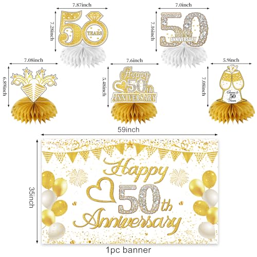 Turypaty Happy 50th Anniversary Decorations Kit, White Gold 50th Wedding Anniversary Party Supplies - Large Happy 50th Anniversary Banner Backdrop, Table Centerpieces, Hanging Swirls, Paper Pompoms - Image 3