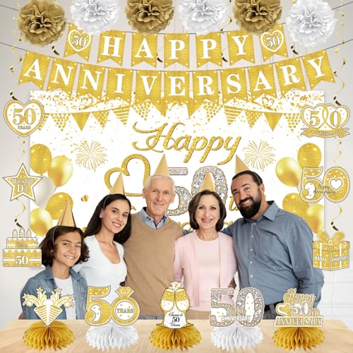 Turypaty Happy 50th Anniversary Decorations Kit, White Gold 50th Wedding Anniversary Party Supplies - Large Happy 50th Anniversary Banner Backdrop, Table Centerpieces, Hanging Swirls, Paper Pompoms - Image 5