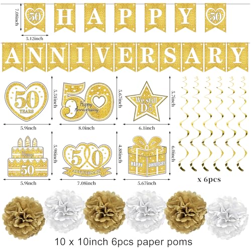 Turypaty Happy 50th Anniversary Decorations Kit, White Gold 50th Wedding Anniversary Party Supplies - Large Happy 50th Anniversary Banner Backdrop, Table Centerpieces, Hanging Swirls, Paper Pompoms - Image 2