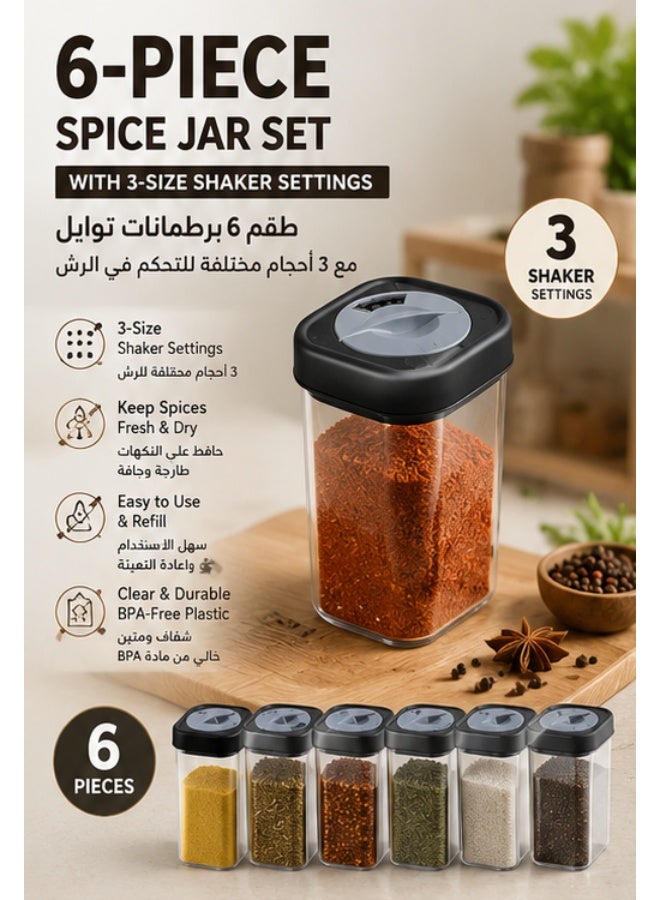 6-Piece Acrylic Spice Jar Set 250ml with 3-Size Adjustable Shaker Lid – BPA-Free Airtight Clear Seasoning Containers for Kitchen Storage & Organization - Image 1
