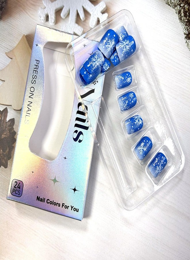 TBRZTR Blue Christmas Press on Nails Short Square Snowflake Acrylic Nails Glitter Powder Sequins Design Aritificial Xmas False Nails Full Cover Gradirent Coffin Nails Glossy Glue on Nails for Women - Image 4