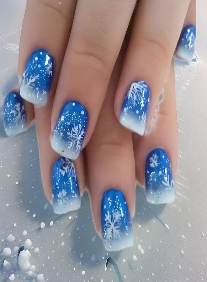 TBRZTR Blue Christmas Press on Nails Short Square Snowflake Acrylic Nails Glitter Powder Sequins Design Aritificial Xmas False Nails Full Cover Gradirent Coffin Nails Glossy Glue on Nails for Women - Image 1